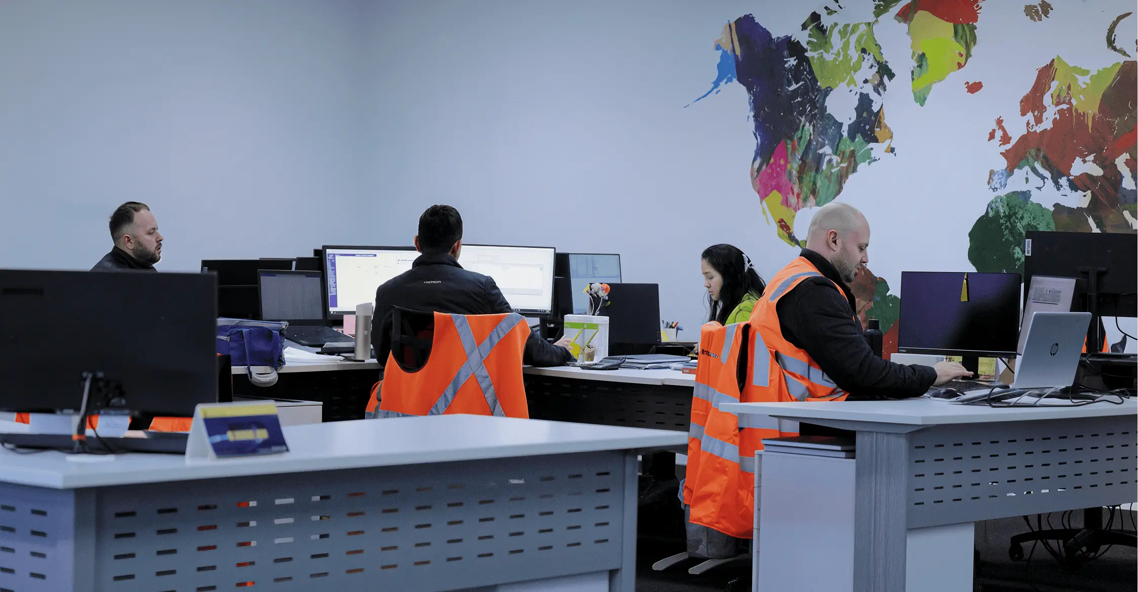 Group of diverse professionals discussing documents in a modern office meeting room.